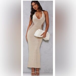 NEW - Stone Knitted Distressed Ladder Cut Out Maxi Dress from PrettyLittleThing.